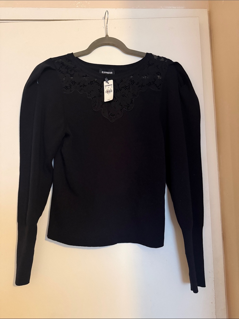 Express Black Long-Sleeve Top with Lace Yoke